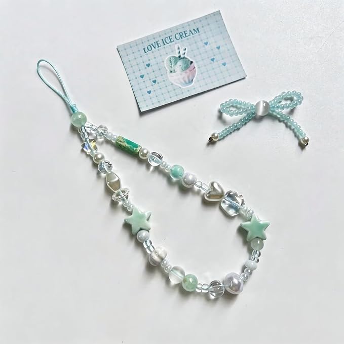 2 Pcs Phone Charm Strap Hand Wrist Strap Camera Lanyard Pearl Beaded Cute Chain String Accessories Universal for iPhone 17 Pro Max 16 15 14 for Samsung Women Girls Keychain Bag Green Flower and Star - Image 8