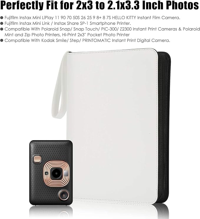 Veicevol 540-Pocket Album for Instax Mini & Polaroid 2x3 inch Photos, White | Designed for Instax Mini and Polaroid 2x3 Photos, Cover with Zipper Closure, Large Capacity, Holds Up to 540 Photos Securely - Image 2