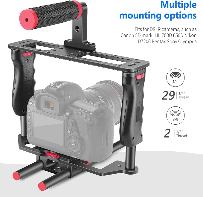 NEEWER Camera Video Cage Film Movie Making Kit, Aluminum Alloy with Top Handle, Dual Hand Grip, Two 15mm Rods, Compatible with Canon Sony Fujifilm Nikon DSLR Camera and Camcorder (Black + Red) - Image 3