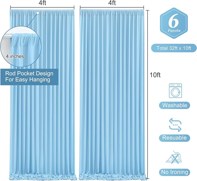 Blue Backdrop Curtains 6 Panels - Wrinkle-Free Light Blue Curtains Polyester Photography Drapes Photo Background for Baby Shower Birthday Party Decorations- 24 X10FT (Blue) - Image 3