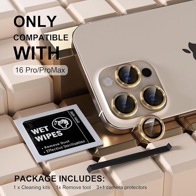 Misea Compatible for iPhone 16 Pro/iPhone 16 Pro Max Camera Lens Protector | 9H Tempered Glass Ultra HD Bling Camera Screen Protector Cover Metal Individual Ring Decoration Accessories, Gold - Image 2