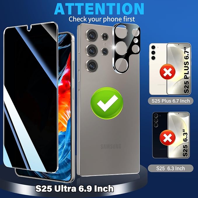 3 Pack Privacy Screen Protector for Samsung Galaxy s25 ultra Tempered Glass + 2 Pack Camera Lens Protector, True 25°Anti Spy, Military Grade Shatterproof, 9H+ Hardness, Auto Alignment Frame 6.9" - Image 2