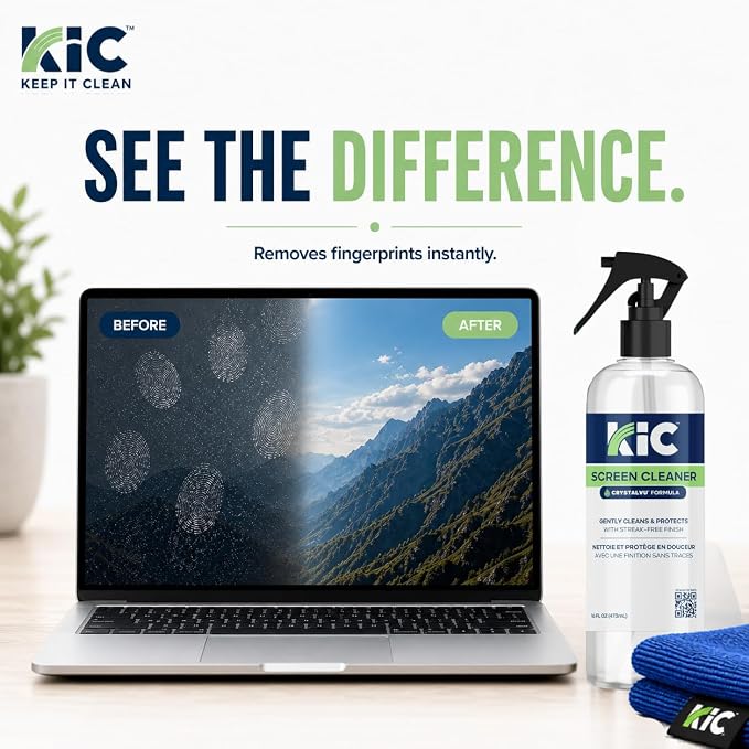 KIC CrystalVu Screen Cleaner Spray Kit (16oz) with Microfiber Cloth | Streak-Free Cleaner, For TV, Phone, Laptop, Monitor & Tablet Screens, NSF Certified Safe Formula - K2-KCV16Z1 - Image 5