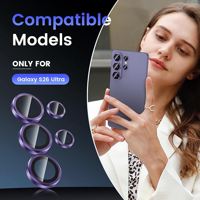 Tensea Compatible with Samsung Galaxy S26 Ultra Camera Lens Protector | 9H Tempered Glass Camera Cover Screen Protector Metal Individual Ring [Installation Tray][Case Friendly] - Image 2