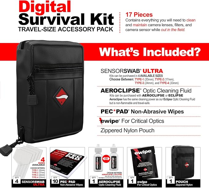 Photographic Solutions Digital Survival Kit - Type-4 (33mm) Sensor Swabs, PEC-PAD Photo Wipes, E-Wipe Packet, Aeroclipse Optic Cleaner Non-Flamable Solution - Camera Cleaning Kit with Travel Bag - Image 2