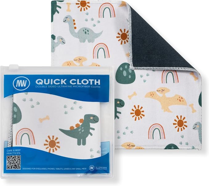 Microfiber Wholesale Quick Cloth Glasses Cleaning Cloths 8x8 Dinosaurs | 1-Pack with Case | Double-Sided Lens Cleaner for Eyeglasses, Camera & Screens | Reusable Microfiber Glass Polishing Cloths by MicrofiberWholesale