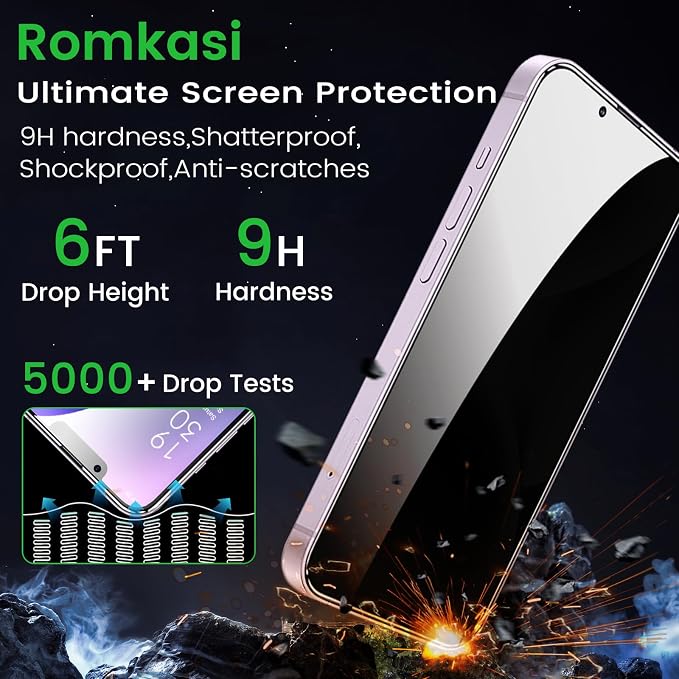 Romkasi 3 Pack Privacy Screen Protector for iPhone 14 Plus 6.7 Inch with 3 Pack Camera Lens Protector, Anti Spy Tempered Glass Film, Anti-Scratch, Touch Sensitive, Case Friendly - Image 4