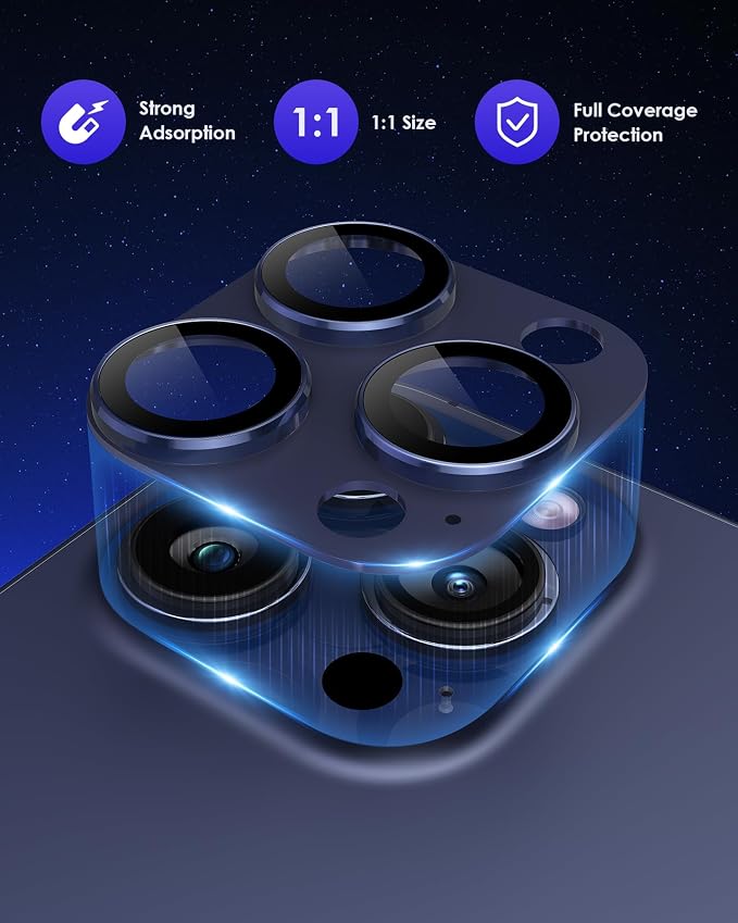 Compatible for iPhone 15 Pro/iPhone 15 Pro Max Camera Lens Protector [Full Coverage Metal] 9H Tempered Glass Screen Camera Cover Titanium Blue - Image 2