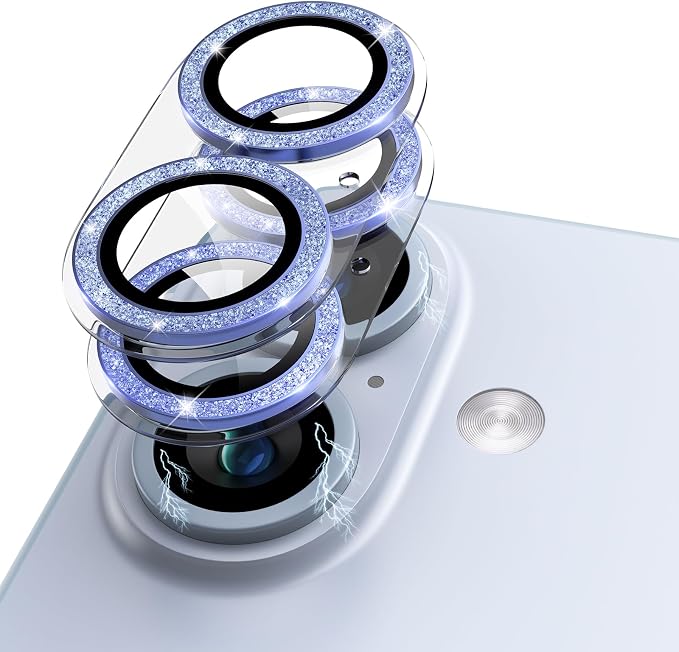 Compatible for iPhone 17 /iPhone 16 /iPhone 16 Plus Camera Lens Protector Glitter, Clear Acrylic Plus Aluminium Alloy Ring 9H Tempered Glass Screen Camera Cover Glitter Blue+Blue by KANOSAN