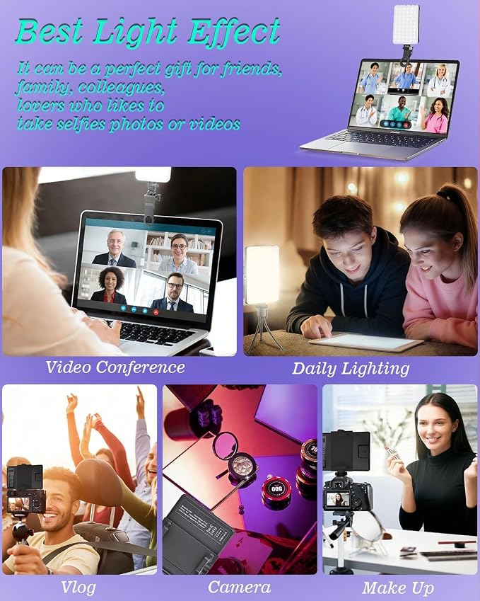 60 LED Portable Selfie Light Video Conference Lighting with Clip & Camera Tripod Adapter Rechargeable 2000mAh CRI 97+, 3 Light Modes for Phone iPhone Webcam Laptop Photo Makeup (Black) - Image 6