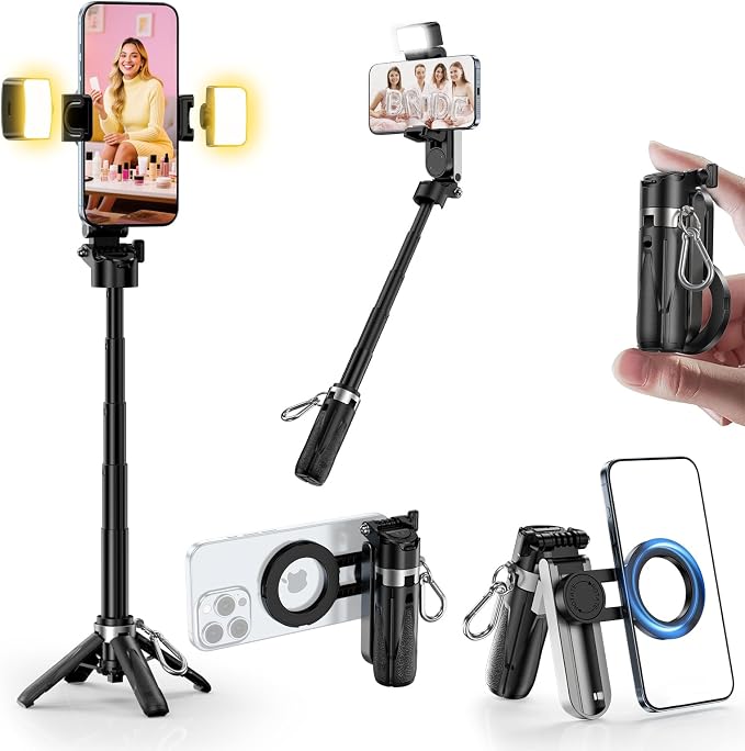 CloudValley Upgraded Magnetic Mini Selfie Stick Tripod with 2 Fill Lights, 4-in-1 Pocket Size Phone Tripod with 360° Rotation, Rechargeable Bluetooth Remote, Foldable Grip for iPhone Vlog Photo Video by CloudValley