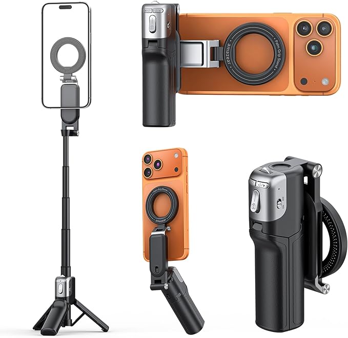 AMAZEAR Phone Camera Grip with Selfie Stick Tripod, Cellphone Accessories with Detachable Wireless Shutter Button for iPhone 16 17 Pro Max, Comfort Ergonomic Smartphone Handle Holder, Black by YourProPhotoGear