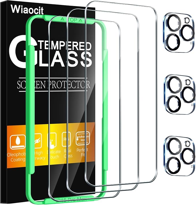 Wiaocit Tempered Glass Screen Protector for iPhone 16 Pro Max | 3+3 Pack, 9H Hardness, Camera Lens Protector, Installation Frame, Bubble Free, Case Friendly by Wiaocit