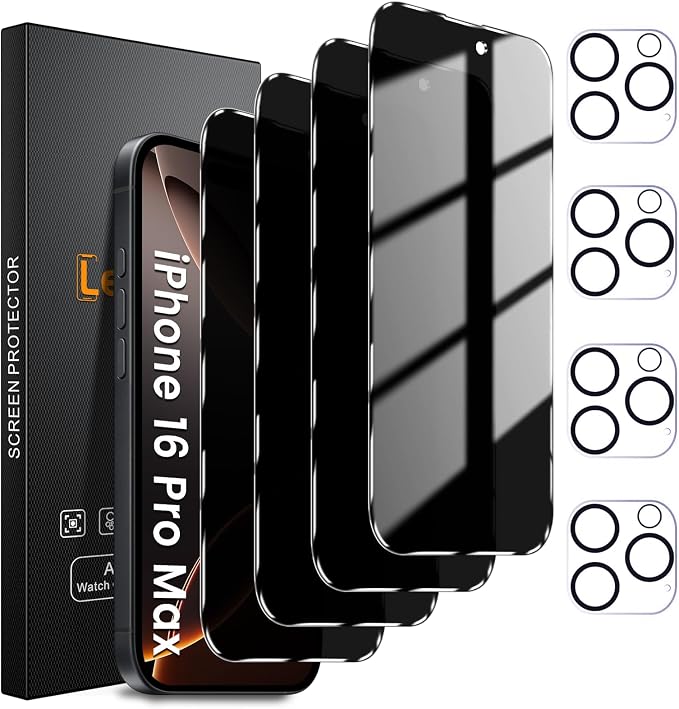 Lesakit 4+4 Pack Privacy Screen Protector for iPhone 16 Pro Max 6.9-Inch with 4 Pack Camera Lens Protector, Anti Spy Tempered Glass Film 9H Hardness Case Friendly by Lesakit