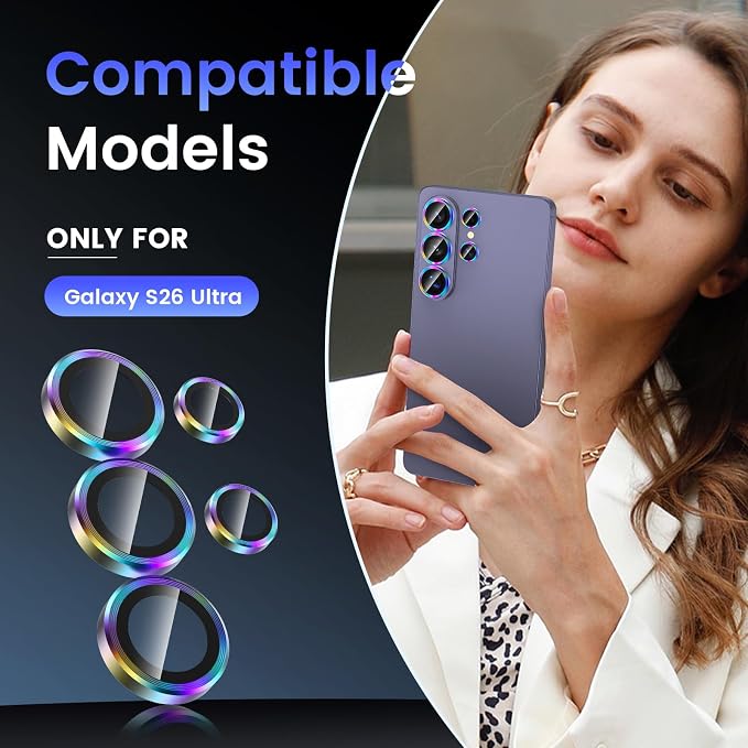 Tensea Compatible with Samsung Galaxy S26 Ultra Camera Lens Protector | 9H Tempered Glass Camera Cover Screen Protector Metal Individual Ring [Installation Tray][Case Friendly] - Image 2