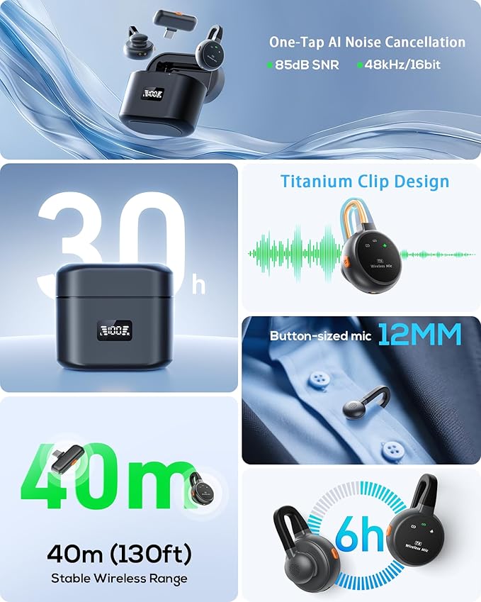 Wireless Lavalier Microphone for iPhone, iPad, Android - USB-C Plug Noise Cancelling Lapel Mini Mic with Charging Case, 30H Battery - Compact Clip-on Mic for YouTube, TikTok, Podcast, Video Recording - Image 2
