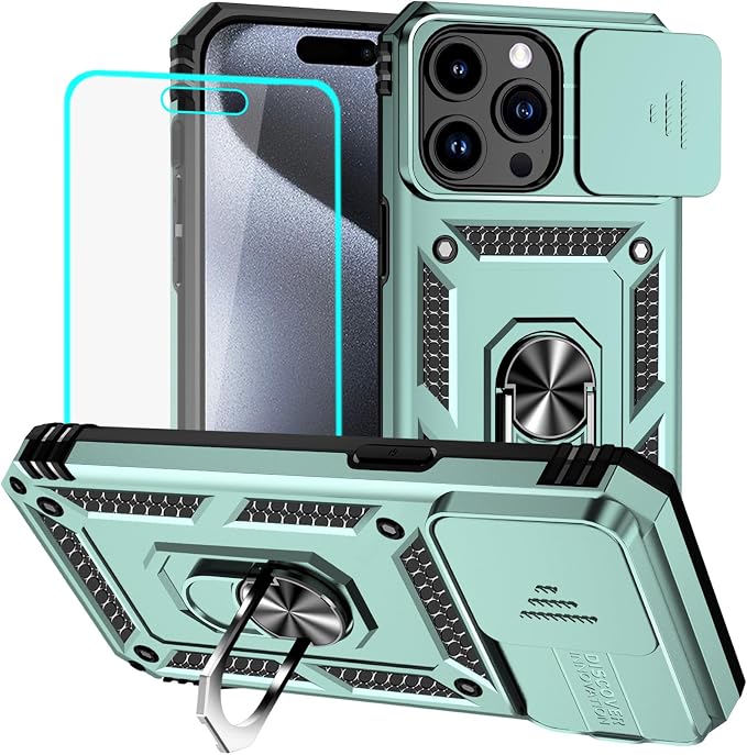 HNHYGETE for iPhone 15 Pro Case with HD Screen Protector: [Military Grade 20ft. Drop Tested] Slide Camera Cover Ring Shockproof Protective Phone Case for - iPhone 15 Pro (Dark Green) by HNHYGETE