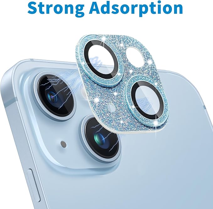 Compatible with iPhone 15 & iPhone 15 Plus Camera Lens Protector, Bling 3D Rhinestone Diamond 9H Tempered Glass Camera Cover Anti Scratch Shockproof Lens Screen Full Protective Cover - Blue - Image 4