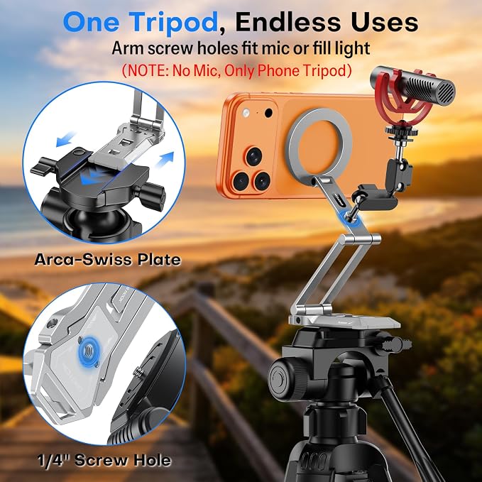 OMOTON TP06-E [3-Adjust] Sturdy Magnetic Phone Tripod for iPhone 17, Sliver | Aluminium Phone Stand for MagSafe with Hook 1/4" Screw& Arca, Travel Essentials Gift for Vlog, Creators, Live - Image 2