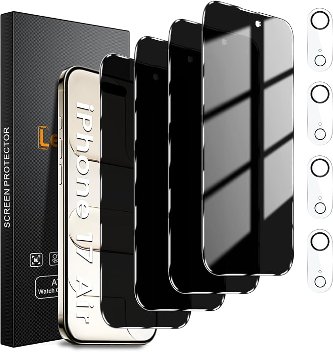 Lesakit 4 Pack Privacy Screen Protector for iPhone 17 Air 6.5-Inch with 4 Pack Camera Lens Protector, Anti Spy Tempered Glass Film 9H Hardness Bubble Free Case Friendly by Lesakit