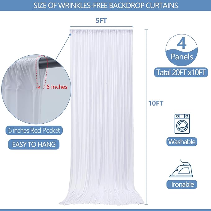 ESGOTBME 20x10ft Wrinkle Free White Backdrop Curtain for Parties Soft Fabric Drapes Wedding White Curtain Backdrop for Birthday Party Decorations Background for Photography 5x10ft, 4 Panels - Image 4