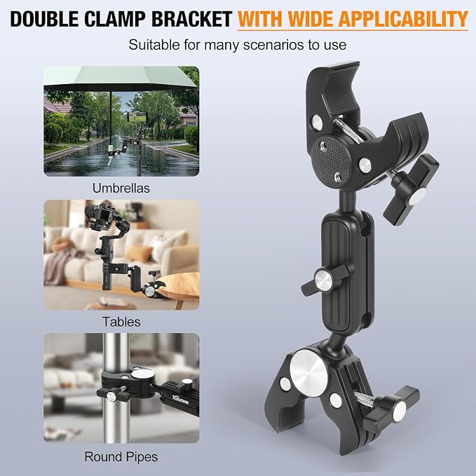 Super Clamp Double Camera Mount with 1/4 Inch Screw Adapter Clip Bracket Magic Arm Dual Ball Head for Motorcycle Chair Pole Tripod Light Stand Photo Boom Stand Cross Bars - Image 2