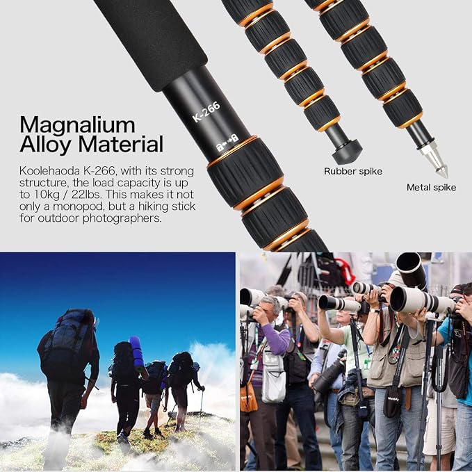 Koolehaoda 61" Camera Monopod Aluminum 6-Section Portable Travel Unipod | Folds to 15" at 0.95 lbs, 22 lbs Max Load, 28mm Tube, 1/4" & 3/8" Reversible Screw, Metal Spike & Rubber Foot - Image 5
