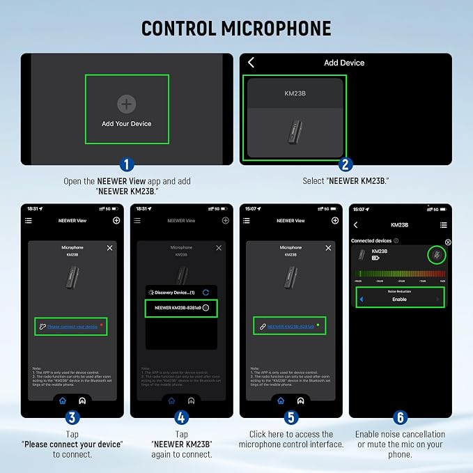 NEEWER KM23B Wireless Lavalier Microphone Bluetooth App Control, Compatible with iPhone Android Phone 8Hrs Battery Vocal Enhancement Noise Cancellation Volume Adjustment Low Cut for Streaming Vlogging - Image 6