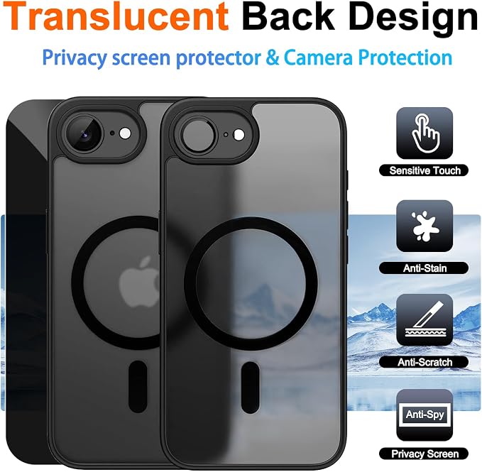 Magnetic for iPhone 17e Case & iPhone 16e Case, Black | Full Camera Protection, Privacy Screen Protector, Compatible with MagSafe, Translucent Matte Shockproof Cover for 17 e 16 e - Image 2