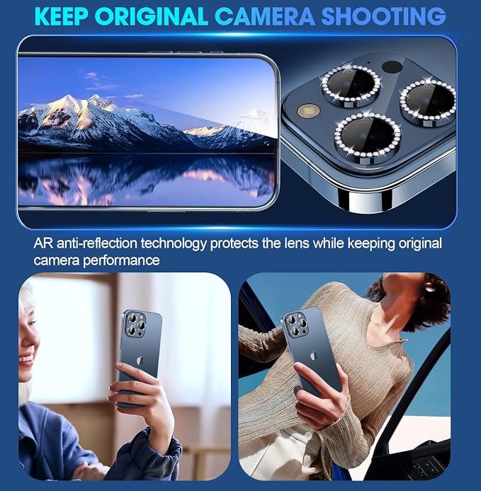 for iPhone 15 Pro/15 Pro Max Camera Lens Protector Diamond, Blue | Individual Metal, 9H Hardness, Scratch Resistant, Shockproof, Drop Protection, Case Friendly, Stylish Accessories - Image 4