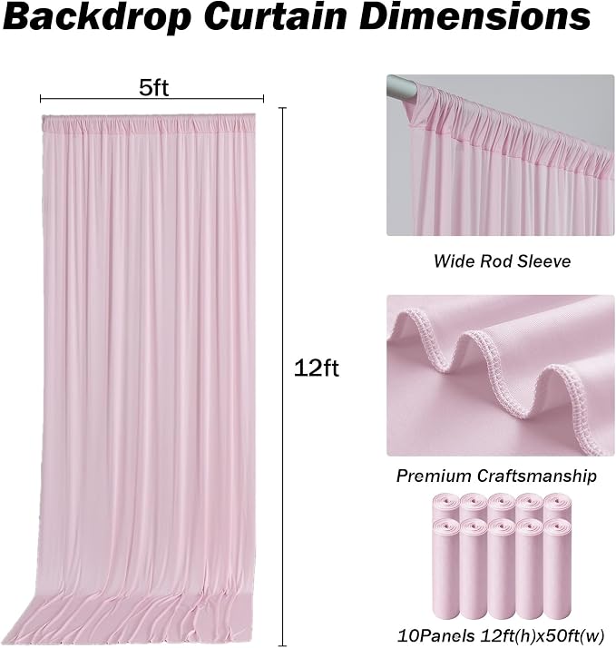 50x12 ft Light Pink Backdrop Curtains for Weddings, Birthdays and Photos | 10 Panels 5x12 ft, Wrinkle-Free Polyester Drapes, Washable, Ironable, 4 in Rod Pocket for Baby Showers Photography Background - Image 3