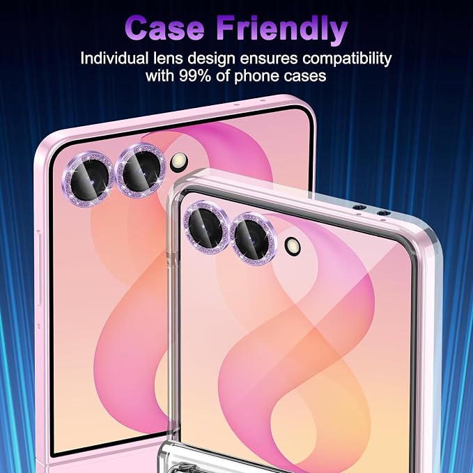 Meshine for Samsung Galaxy Z Flip 8 Camera Lens Protector,Scratch Proof,Strong Adsorption,9H Hardness with Metal Ring Camera Cover,Ultra Thin Case Friendly,Accessories Lens Protector,Glitter Purple - Image 7