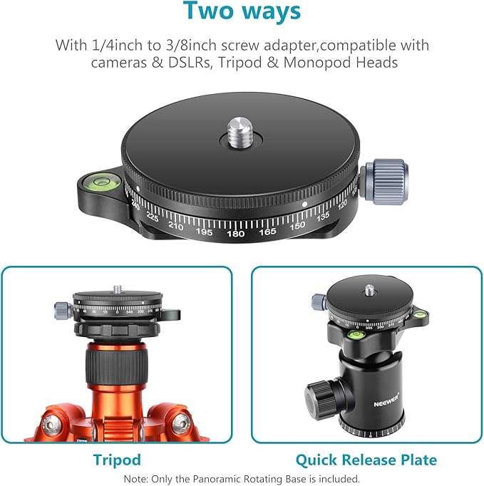 NEEWER Camera Panoramic Panning Base with Style Plate | 3/8 inch Screw, Aluminum Alloy Panorama Ball Tripod Head with Bubble Level, for Tripod Monopod DSLR Cameras, Max Load 22 LB - Image 6