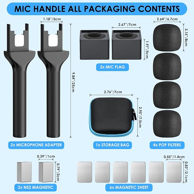 Handheld Adaptor for Interview Mic, 2 Packs Wireless Mic holders for DJI/Rode/Hollyland Lark Lavalier, Universal Magnetic Microfono Stand with Foam Windshield & Flag Station for Interview/Vlogging - Image 3