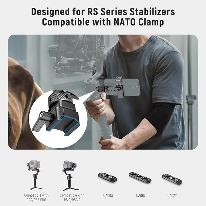 NEEWER Metal Phone Tripod Mount with Cold Shoe NATO Clamp Compatible with DJI RS5 RS4 RS3 Pro RS2 RSC2 Gimbal Stabilizer, 180° Tilt Phone Clip Holder Compatible with iPhone 15 Pro Camera Cage, GA010 - Image 2