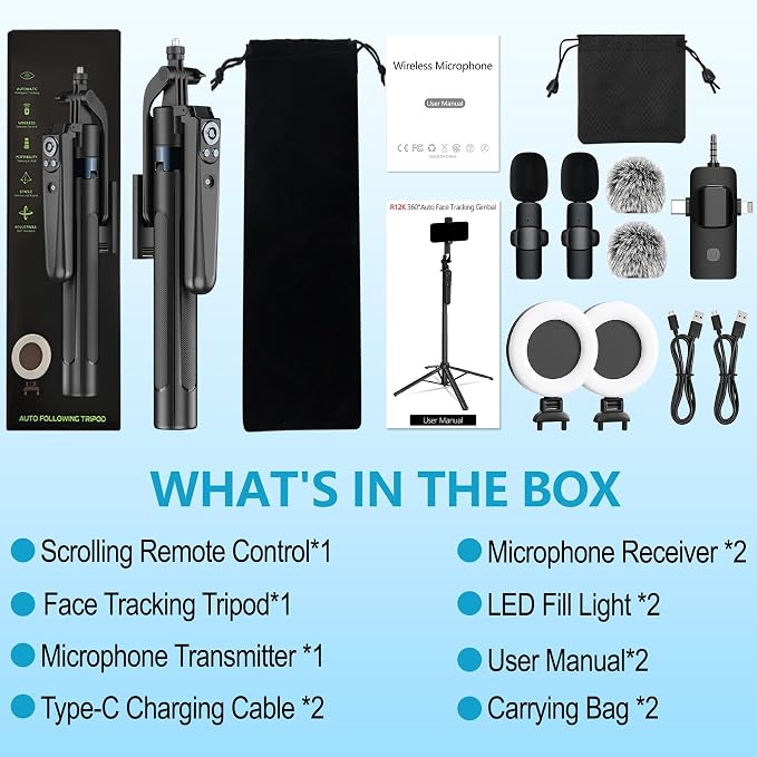 71" Content Creator Essentials Vlogging Kit - 2 Lights & 2 Mics | 360° Rotating Auto Face Tracking Tripod for iPhone/Android/Camera with Wireless Remote, No App for Vlog, Live, Video Record - Image 8