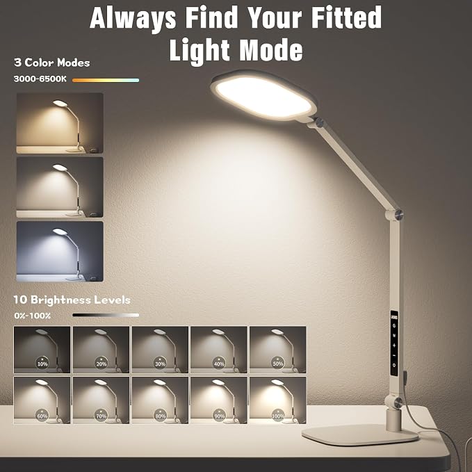 Eye-Care Desk Light for Video Calls Home Office-White | 15W LED Desk Lamp with CRI 97.8 Memory & Timer Function, 1200LM Dimmable Computer Light for Conference, Reading, Study - Image 4