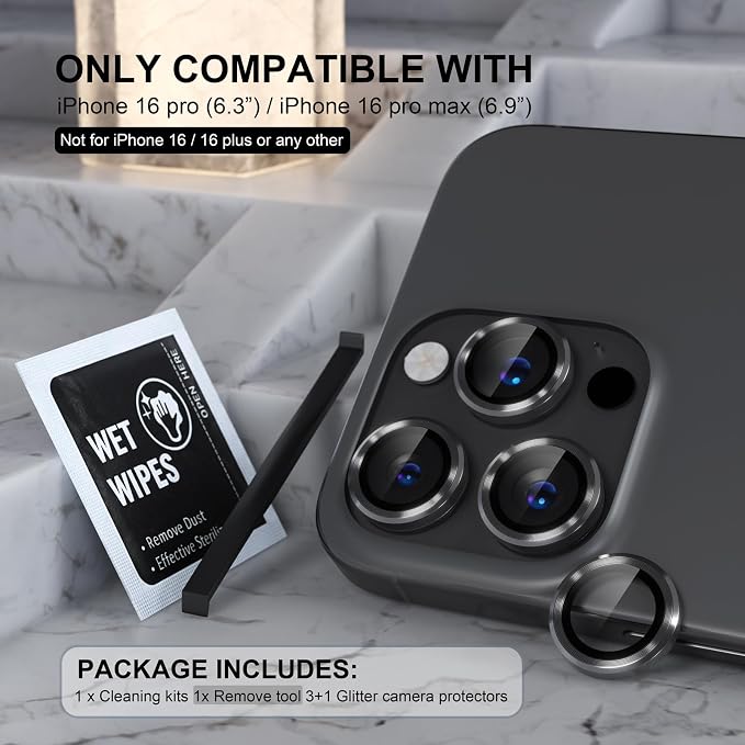 Choiche for iPhone 16 Pro/iPhone 16 Pro Max Camera Lens Protector | Ultra HD, 9H Tempered Glass Camera Cover Screen Protector Metal Ring Decoration Accessories (Black) - Image 2