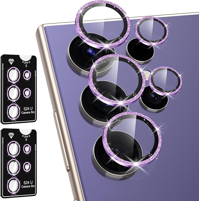 for Samsung Galaxy S24 Ultra Camera Lens Protector, Individual Metal Ring Tempered Glass Lens Cover, [Strong Adsorption] Scratch Resistant Ultra-Thin HD Clear Lens Cover, 2 Set-Purple Sparkly by Btscase