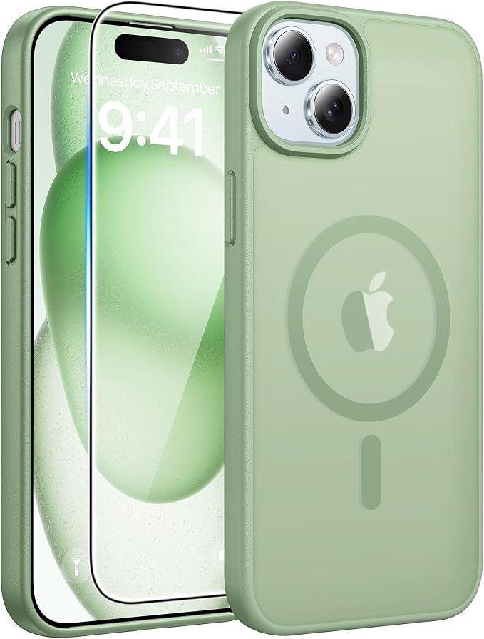 FNTCASE for iPhone 15/14/13 Case, Fit for Magsafe, Glass Screen Protector | Translucent Matte, Magnetic Phone Cases, 14FT Military Grade Drop Protection, Slim Shockproof Protective Cover, Light Moss by FNTCASE