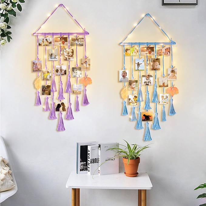 Homecor Hanging Photo Display Wall Decor, Blue Macrame Hanging Boho Room Bedroom Decor, Picture Frame Collage with Light & 30 Clips, Christmas Teenage Teen Girl Gifts Ages 10 11 12 13 14 Years Old - Image 7
