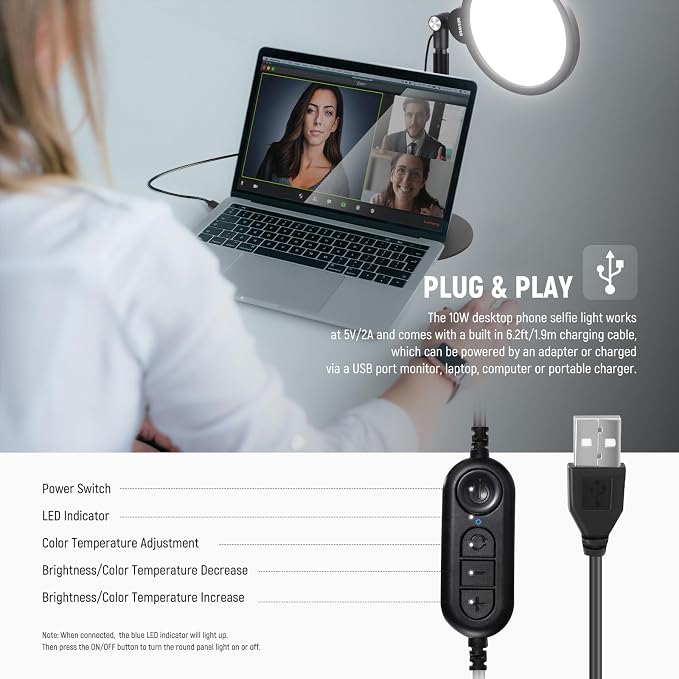 NEEWER Basics 2 Pack 7" Desktop Ring Lights for Video Recording, 10W Dimmable Full Screen Key Lighting with Desk Stands & Phone Holders for iPhone Computer Laptop Vlog Streaming Video Conference, R06 - Image 5