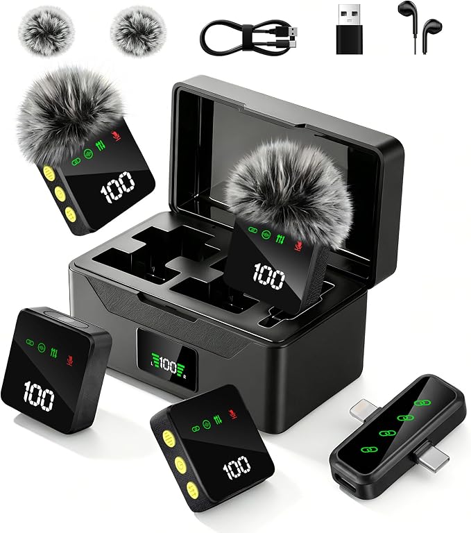 4 Pack Wireless Lavalier Microphone with 100H Charging Case | Mini Mics for iPhone/iPad/Android; LED Display, AI Noise Reduction, 4-Person Video Recording, Podcasts, YouTube, TikTok, Vlog by Ominoral