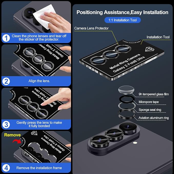 for Samsung Galaxy Z Fold 8 Ultra Camera Lens Protector, Individual Metal Ring Tempered Glass Lens Cover, [Strong Adsorption] Scratch Resistant Ultra-Thin HD Clear Lens Cover, 1 Set-Black - Image 7