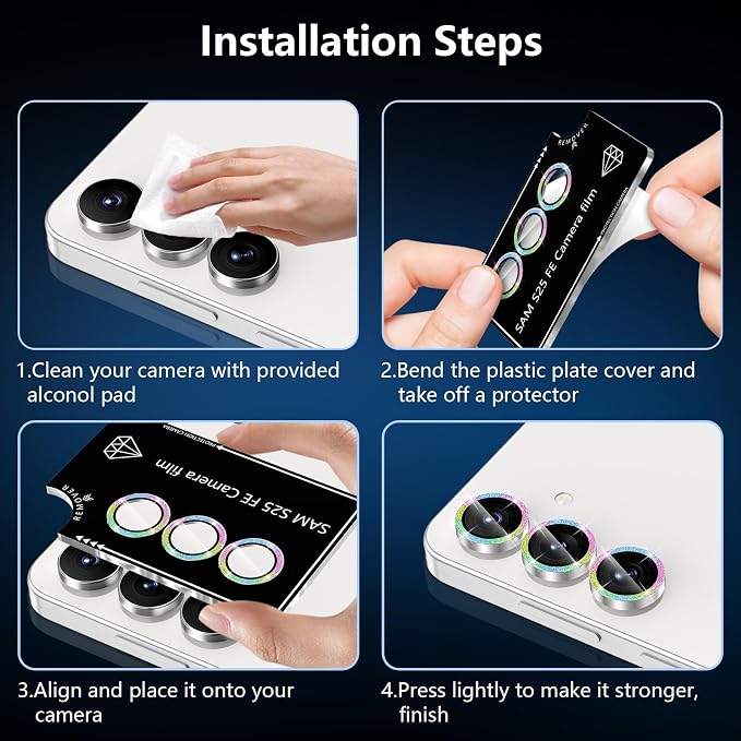 for Samsung Galaxy S25 FE Camera Lens Protector, Individual Metal Ring Tempered Glass Lens Cover, [Strong Adsorption] Scratch Resistant Ultra-Thin HD Clear Lens Cover, 1 Set-Colorful Sparkly - Image 7