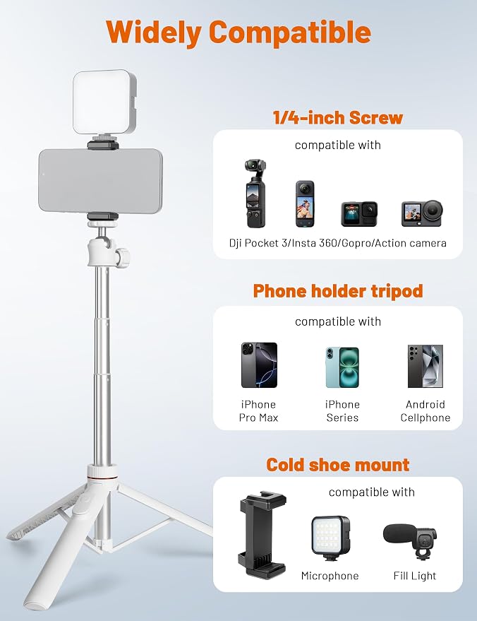 JOILCAN Tripod for iPhone & Camera, 64" Selfie Stick 360° Ball Head Remote | Extendable Portable Phone Tripod Stand for Travel Vlog Compatible with iPhone DJI Canon Sony DLSR (White) - Image 6