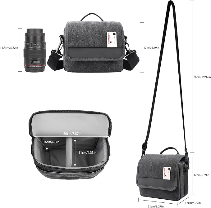 Camera Bag Purse Small Messenger Shoulder Bag for Mirrorless DSLR Camera Waterproof Canvas Compact Photography Case, Black Gray - Image 5