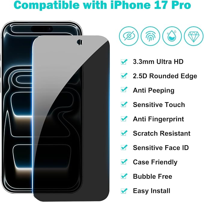 PEHAEL for iPhone 17 Pro Privacy Screen Protector+Camera Lens Protector | 3+3 Pack, Installation Frame, Cleaning kits, Anti-Spy Private, Anti-Scratch, 9H Tempered Glass, Case Friendly, [6.3 inch] - Image 2