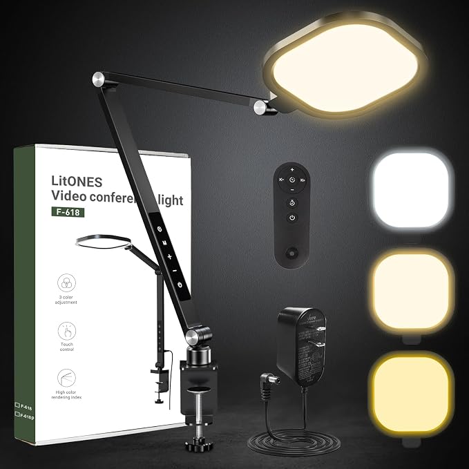 Video Conference Lighting for Computer, Dimmable Light for Video Recording, Meeting, Laptop & Webcam, 15W Ring Light for Desk with C- Clamp, Swing Arm, Remote, Memory & Timer CRI >95 - Image 8