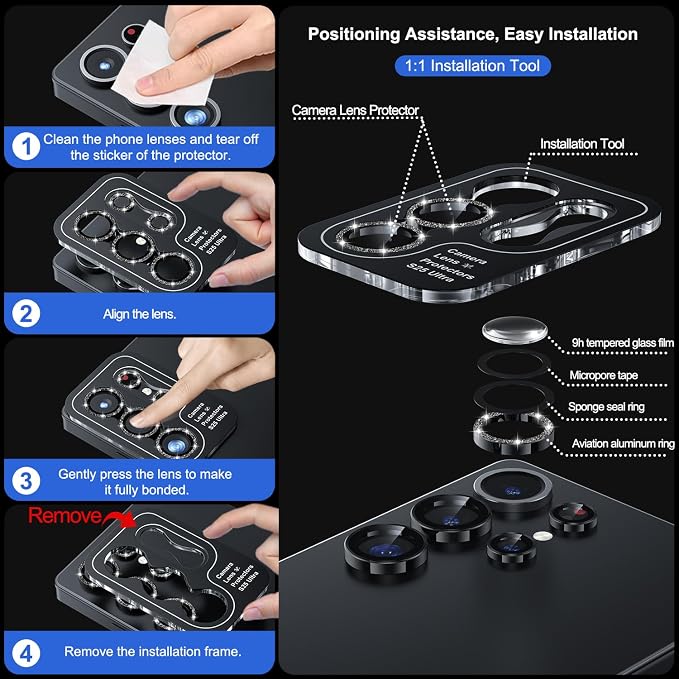 WSKEN for Samsung Galaxy S25 Ultra Camera Lens Protector - Ultra Thin | Case Friendly, 9H Shatterproof Tempered Glass, Anti Scratch Metal Circle, Camera Screen Protector Cover Accessories, Glitter - Image 6